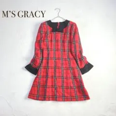 エムズグレイシー【M】ひざ丈ワンピース　リボン　チェック柄　Aライン　裏地あり
