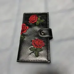 カードケース　大容量　バラ刺繍　黒