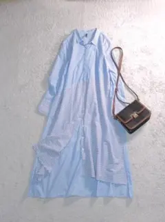 ザラ TRF ストライプ 斜め切り替えボーダー ロング シャツ ワンピース L