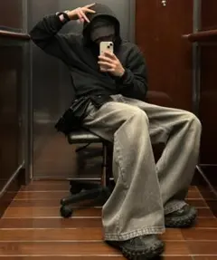 MASONPRINCE サイドベルトワイドフレアデニムパンツ　M ライトグレー