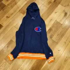 Champion スウェットプルオーバーパーカー　デカ目　ネイビー　オレンジ　L