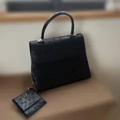 オーストリッチレザー黒ハンドバッグとポーチコインケース