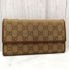 【美品】GUCCI GGキャンバス 長財布 　 三つ折り　キャメル　レザー