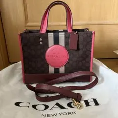 コーチ　デンプシー　トート　ブラウン×ピンク　ショルダーバッグ　シグネチャー柄