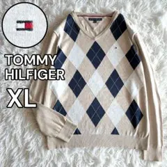 トミーヒルフィガー アーガイルチェック Vネック ニットセーター XL ベージュ
