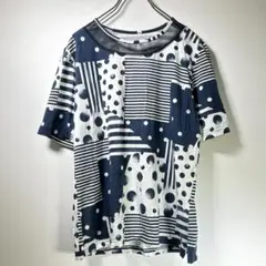 Agrazie✨シースルーネック半袖Tシャツ 総柄 カットソー トップス ブルー