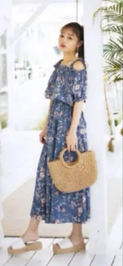 grl 花柄 ワンピース 青 オフショルダー