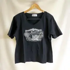 サンクリエイト 肩パッド付 半袖 VネックTシャツ 黒 パッチワーク L 綿