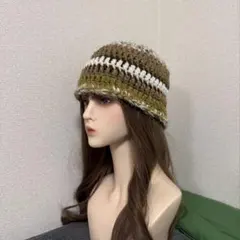 ハンドメイド　ニット帽　ビーニー　バケハ　緑　毛糸の帽子