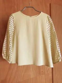 淡い黄色のチェック柄パフスリーブトップス