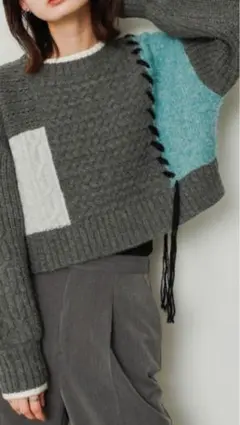 sense of place パッチワークセーター グレー