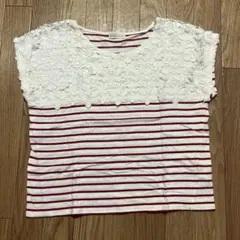 アースミュージックエコロジーレース付き白赤ストライプ半袖Tシャツ