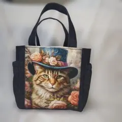 猫ちゃんパネル生地のデニムトートバッグ、サイドポケットつき