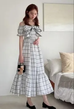 GRL チェックリボンオフショルワンピース tg817 アイボリー