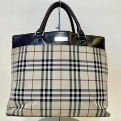 Burberry バーバリー ロゴプレート ノバチェック ハンドバッグ ベージュのサムネイル
