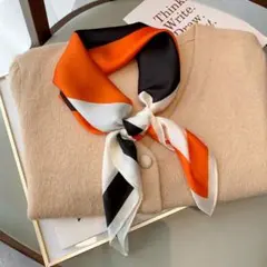 オレンジ・黒・白 ストライプスカーフ 70cmx 70cm