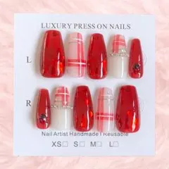 ネイルチップ　ハートホロ　チェック　埋め込み　現品　赤　ガーリー