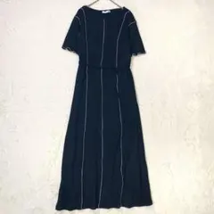 半袖ロングワンピース(L)Aライン ベルト付き メロウ 美シルエット ブラック