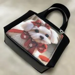 帆布使いトートバッグパネル=赤いりぼん♡マルチーズ
