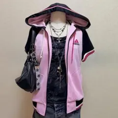 adidas フード 半袖パーカー ロゴ 平成ギャル archive ピンク