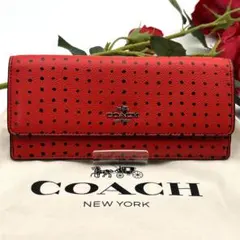 COACH コーチ 長財布 レッド ブラック ドット柄 レザー 良品 折り財布