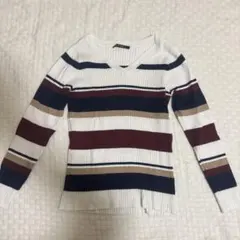 リブ編みVネック長袖セーター ストライプ