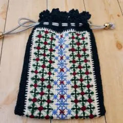 【値下げ】ハンドメイド　花柄刺繍入り　巾着袋