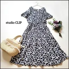 スタジオクリップ●美品♪シックなフラワープリント総柄ロング丈フレアワンピース