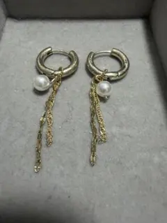 フープピアス パールとチェーン付き　真珠