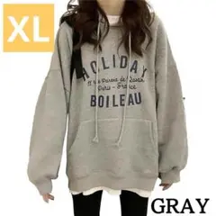 レディース XLパーカー長袖 ゆったり大きいサイズ グレーロゴ薄手オーバーサイズ