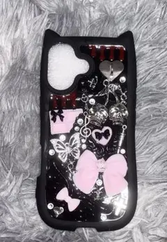 iPhone17ケースデコ デコ電 黒 ピンク 地雷 パンク