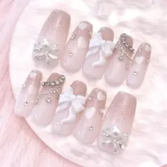 No.54現品♡量産型ワンホン韓国フレンチガーリーリボンスナ系ネイルチップ