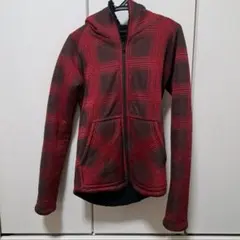 フリースジャケット 赤茶 チェック柄 フード付き