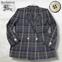 美品 高級 バーバリー リネン ジャケット シェルボタン ダブル チェック 麻