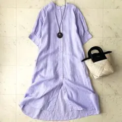 極美品 プレインピープル バンドカラー ロングシャツワンピース リネン 薄紫