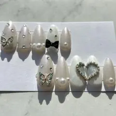 量産型 韓国 ネイルチップ ホワイト パール リボン ハート ワンホン