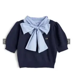 リボン付きネイビー半袖ニット