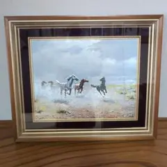 昭和レトロ色紙絵 馬の絵画 額装済み 50×60cm インテリアアート 正彦落款 昭和レトロ色紙絵 馬の絵画 額装済み 50×60cm インテリアアート 正彦