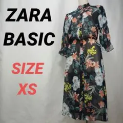 ZARA BASIC　花柄シアーロングワンピース　七分袖　総柄　バンドカラー