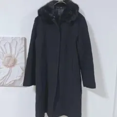 BeBe ヘリンボーン柄　ロングコート　ファー付　取り外し可　ブラック　S相当