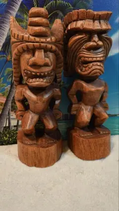ティキの木彫りの置物TIKI Winner 30cm セット木製スワール無垢材