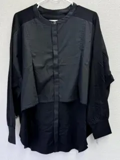 YMDO 体型カバー 異素材切替 ブラウス チュニック 長袖 ブラック Ｍサイズ