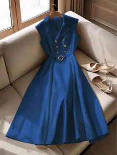 青 ブルー ノースリーブ Aライン ワンピース ロングワンピース ベルト付き