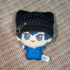 《黒×濃青》ちびぐるみ ぬい服 猫耳ニット帽 安全ピン ハート