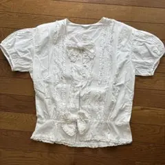 インゲボルグ　ホワイトコットン半袖ブラウス リボン付き