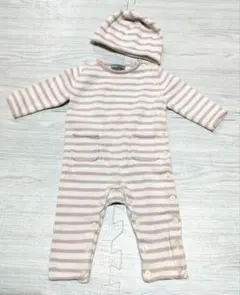 ベビーギャップ　ニットロンパース　ピンクボーダー　帽子付　70