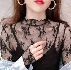 シアートップス 花柄 レース トップス ブラック 黒 シースルー フリーサイズ