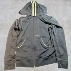 希少 00s adidas 短丈パーカー L ネイビー フード3本ライン Y2K