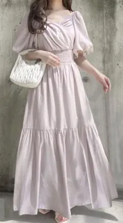 GRL カシュクール バルーンスリーブ ティアードワンピース グレイル