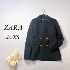 ザラ テーラードジャケット ブレザー 胸ポケット 金ボタン【XS】刺繍ロゴ 黒